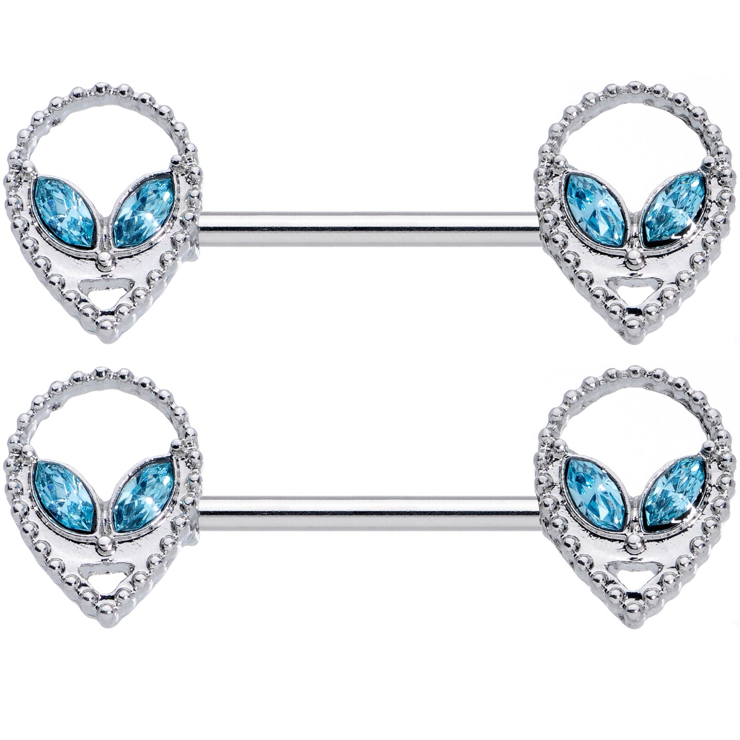 14 Gauge 5/8 Aqua Gem Hollow Alien Barbell Nipple Ring Set