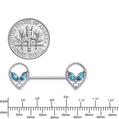 14 Gauge 5/8 Aqua Gem Hollow Alien Barbell Nipple Ring Set