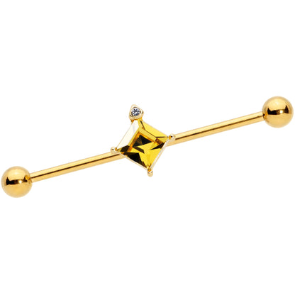 14 Gauge Clear Yellow Gem Gold Tone Rhombus Industrial Barbell 38mm