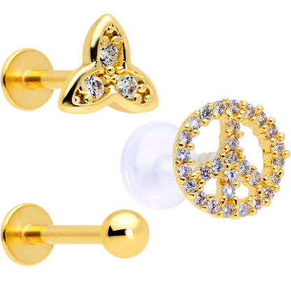 16 Gauge 5/16 Clear CZ Gem Gold Tone Peace Labret Tragus Set of 3