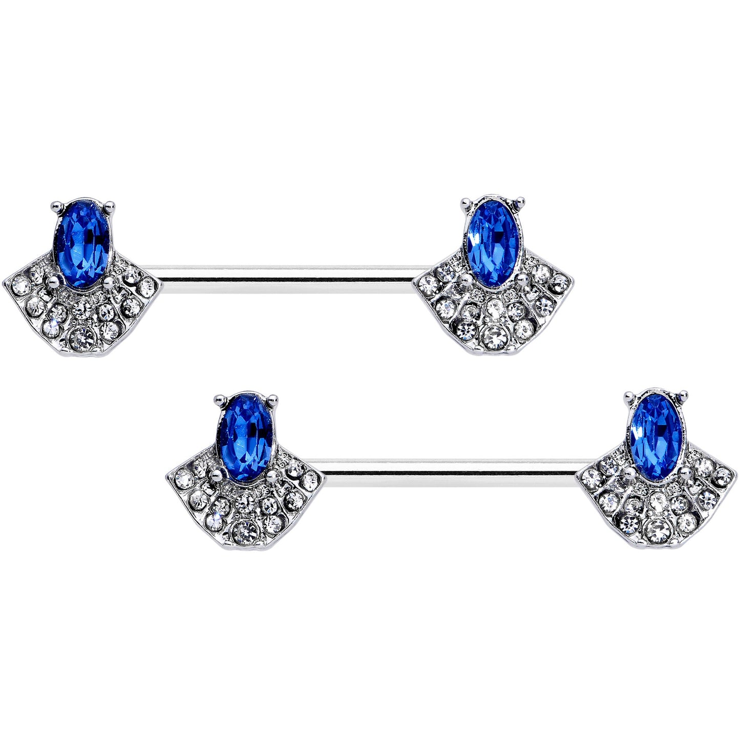 14 Gauge 5/8 Blue Clear Gem Art Deco Fan Barbell Nipple Ring Set