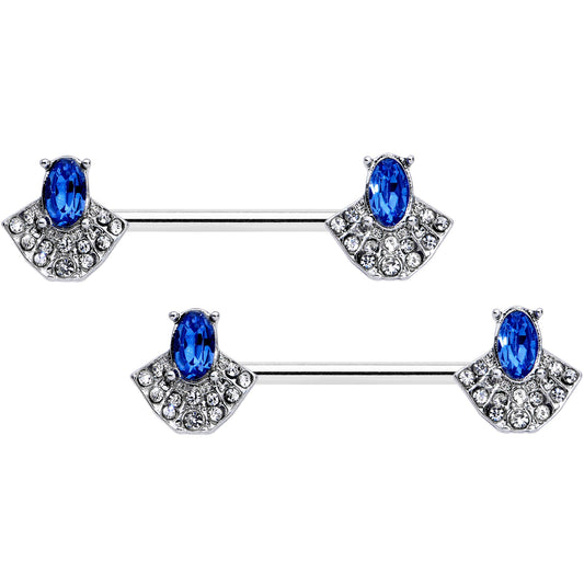 14 Gauge 5/8 Blue Clear Gem Art Deco Fan Barbell Nipple Ring Set