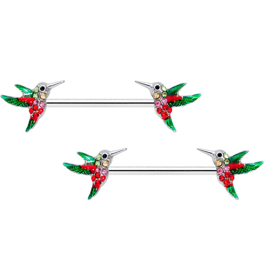 14 Gauge 9/16 Red Pink Gem Green Hummingbird Barbell Nipple Ring Set