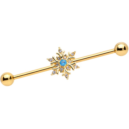 14 Gauge Blue CZ Gem Gold Tone Snowflake Industrial Barbell 38mm