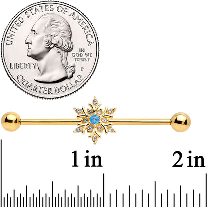 14 Gauge Blue CZ Gem Gold Tone Snowflake Industrial Barbell 38mm