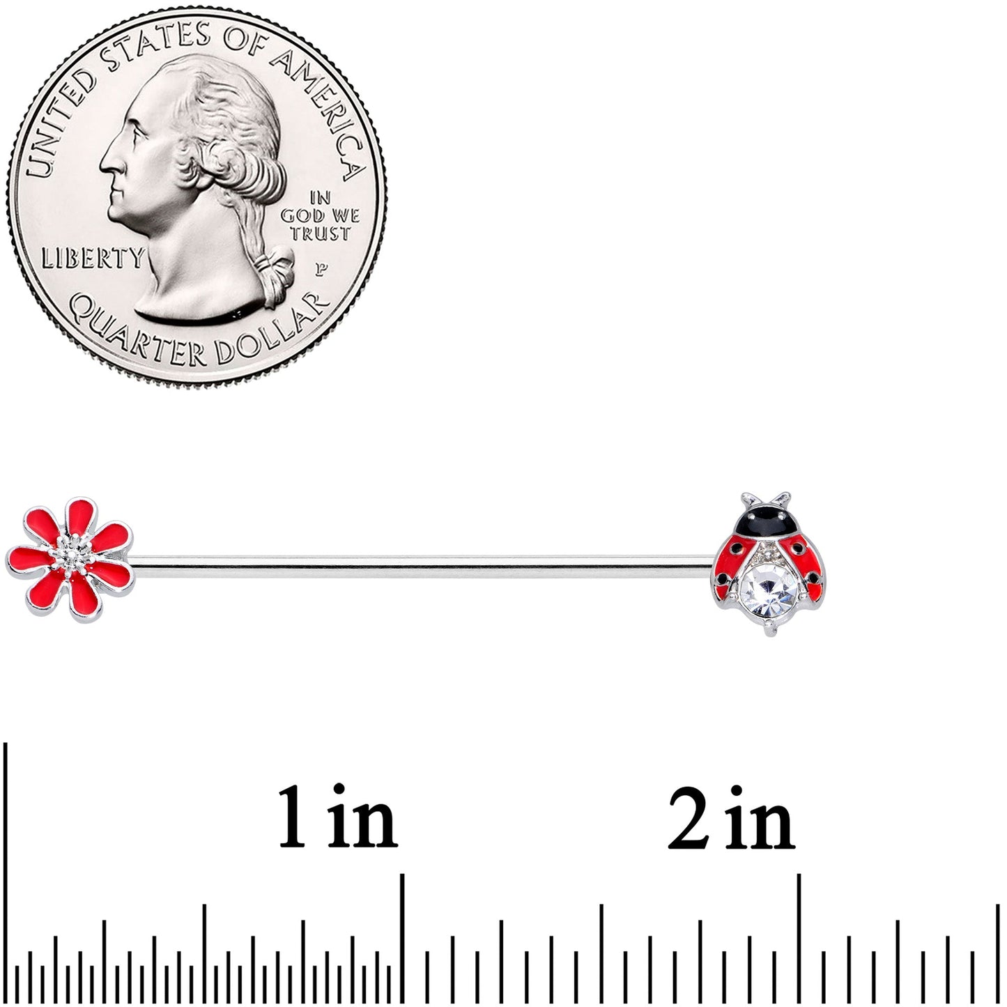 14 Gauge Clear Gem Red Ladybug Flower Industrial Barbell 38mm