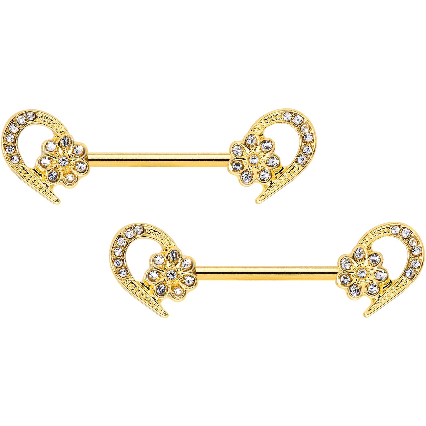 14 Gauge 9/16 Clear Gem Gold Tone Flower Heart Barbell Nipple Ring Set