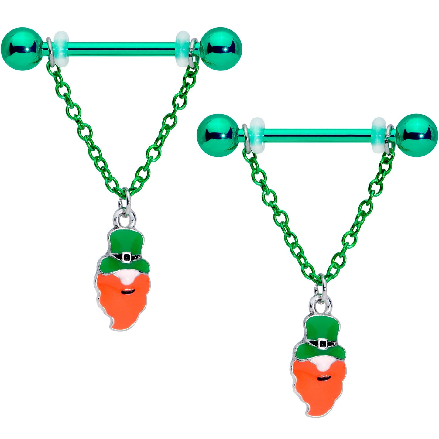 14 Gauge 11/16 Leprechaun St Patricks Day Chain Dangle Nipple Ring Set