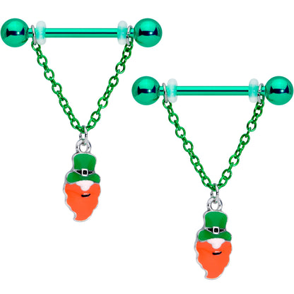 14 Gauge 11/16 Leprechaun St Patricks Day Chain Dangle Nipple Ring Set