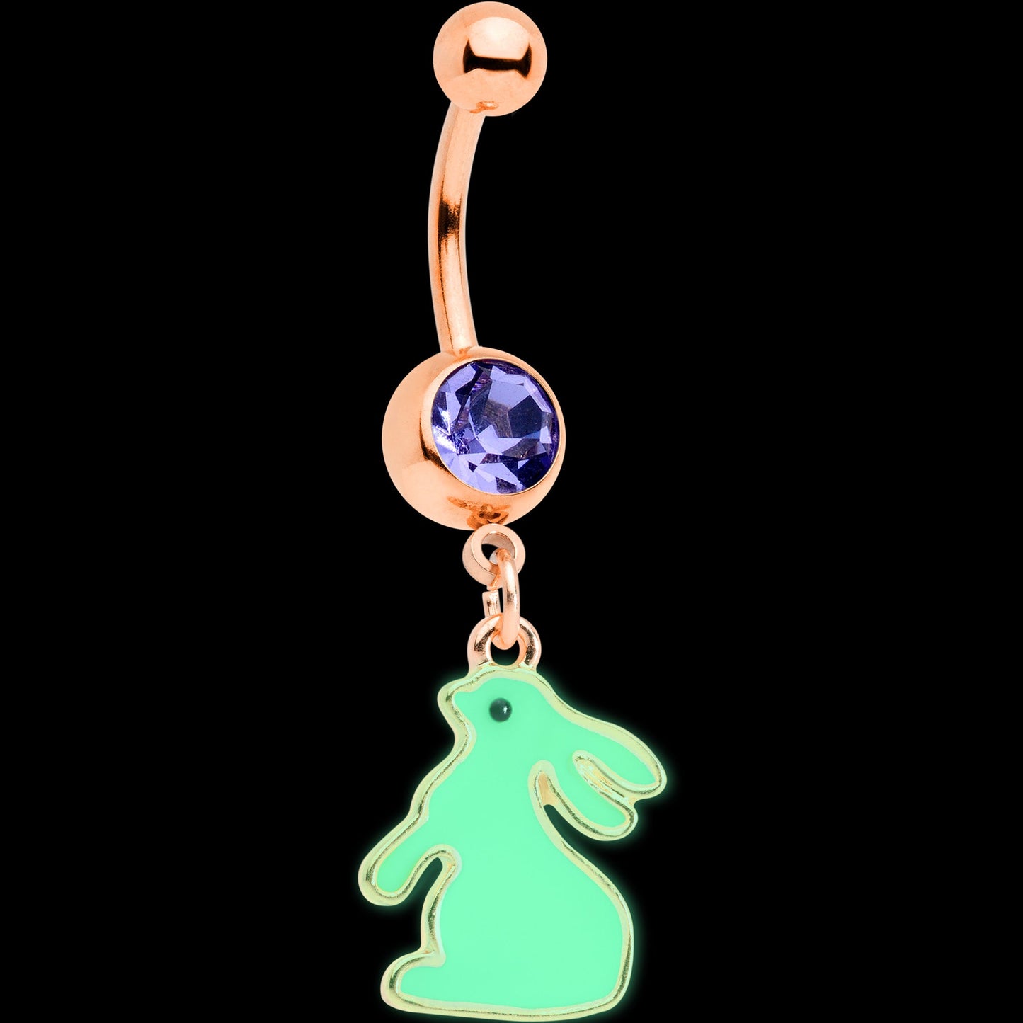 Purple Gem Rose Gold Tone Glow in Dark Easter Bunny Dangle Belly Ring