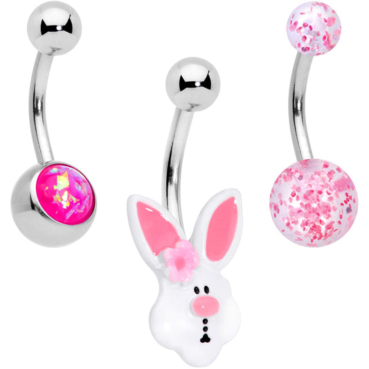 Pink Faux Opal Easter Bunny Belly Ring Set of 3