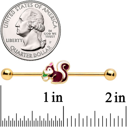 14 Gauge Gold Tone Snacking Squirrel Industrial Barbell 38mm