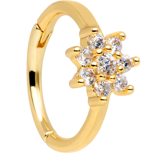 16 Gauge 3/8 Clear CZ Gem Gold Tone Flower Hinged Segment Ring