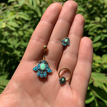 Gold Tone Aqua Ornate Hamsa Hand Belly Ring