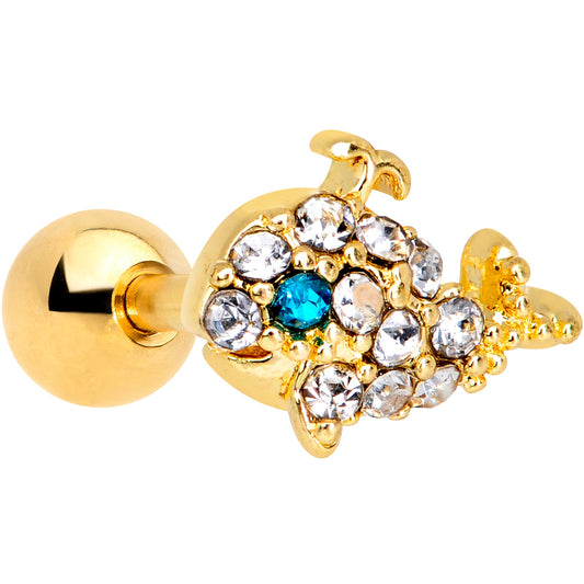16 Gauge 1/4 Clear Aqua Gem Gold Tone Whale Cartilage Tragus Earring