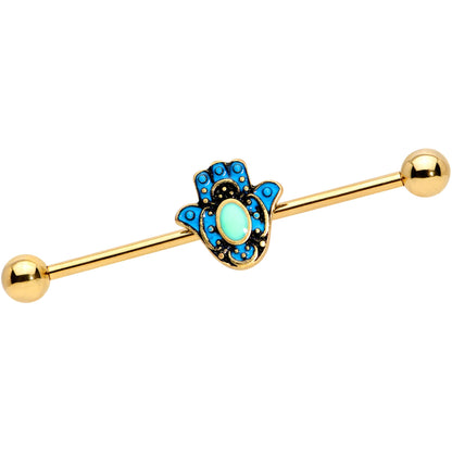 14 Gauge Gold Tone Aqua Ornate Hamsa Hand Industrial Barbell 38mm