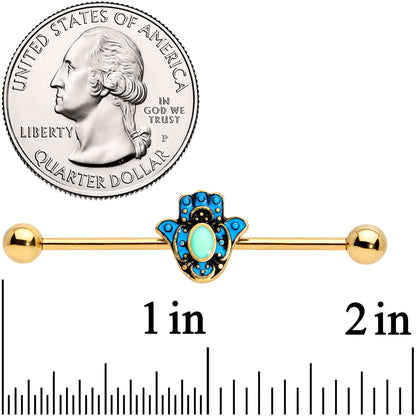 14 Gauge Gold Tone Aqua Ornate Hamsa Hand Industrial Barbell 38mm