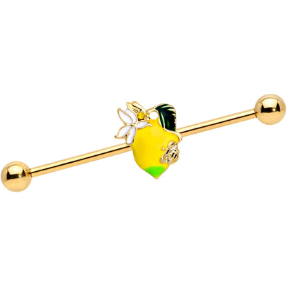 14 Gauge Gold Tone Bee Flower Lemon Industrial Barbell 38mm