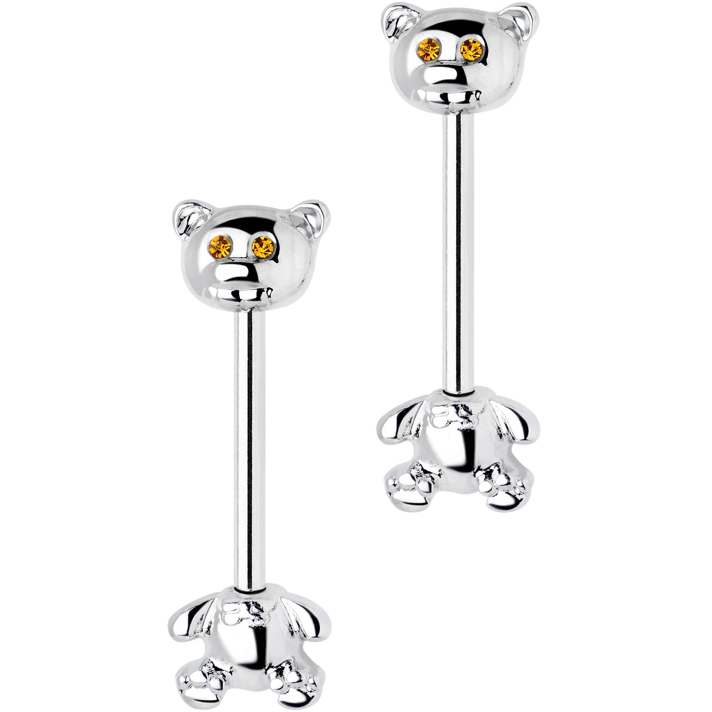 14 Gauge 9/16 Yellow Gem Teddy Bear Barbell Nipple Ring Set