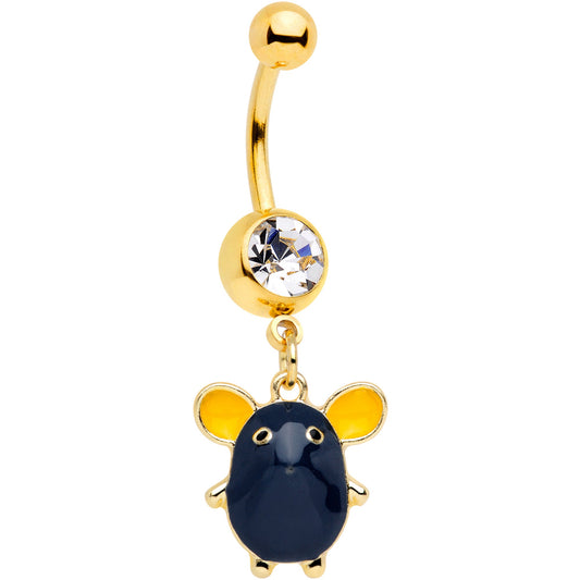 Clear Gem Gold Tone Black Mouse Dangle Belly Ring