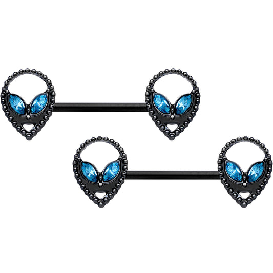 14 Gauge 5/8 Aqua Gem Black Hollow Alien Barbell Nipple Ring Set