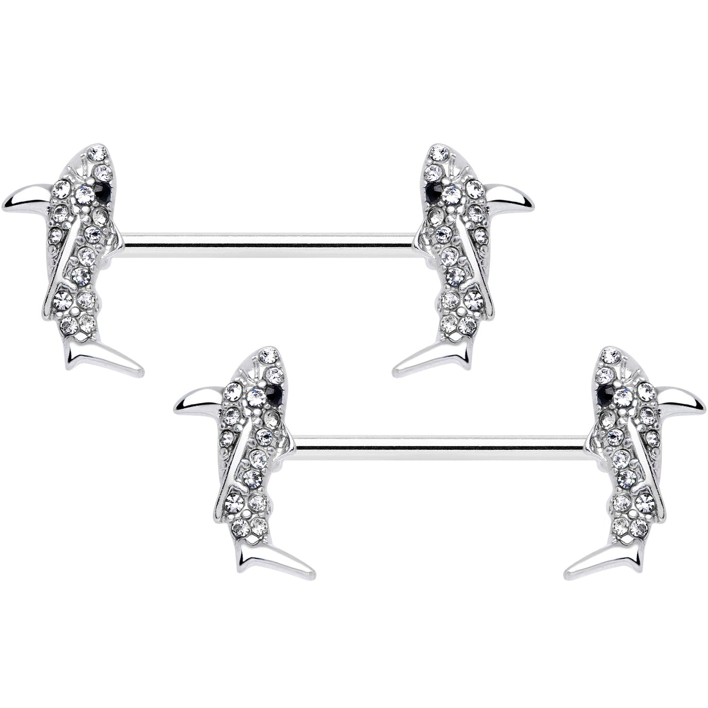 14 Gauge 5/8 Clear Black Gem Shark Barbell Nipple Ring Set