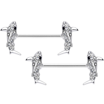 14 Gauge 5/8 Clear Black Gem Shark Barbell Nipple Ring Set