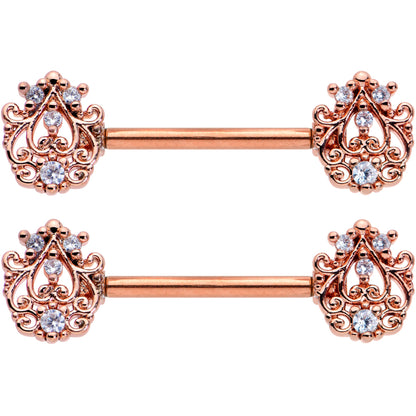 14 Gauge 9/16 Clear CZ Gem Rose Gold Tone Elegant Nipple Ring Set