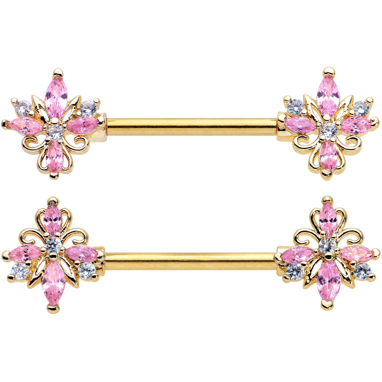 14 Gauge 9/16 Pink CZ Gem Gold Tone Pretty Barbell Nipple Ring Set