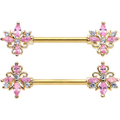 14 Gauge 9/16 Pink CZ Gem Gold Tone Pretty Barbell Nipple Ring Set