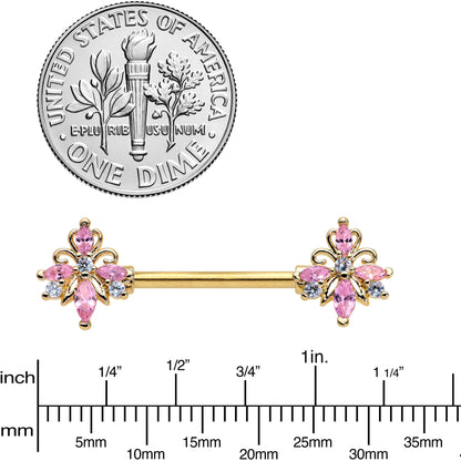 14 Gauge 9/16 Pink CZ Gem Gold Tone Pretty Barbell Nipple Ring Set