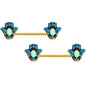 14 Gauge 9/16 Gold Tone Aqua Ornate Hamsa Hand Barbell Nipple Ring Set