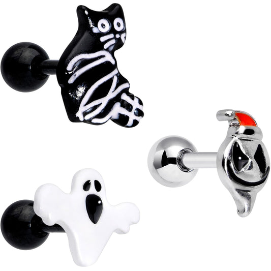 16 Gauge 1/4 Black Cat Ghost Halloween Cartilage Tragus Set of 3
