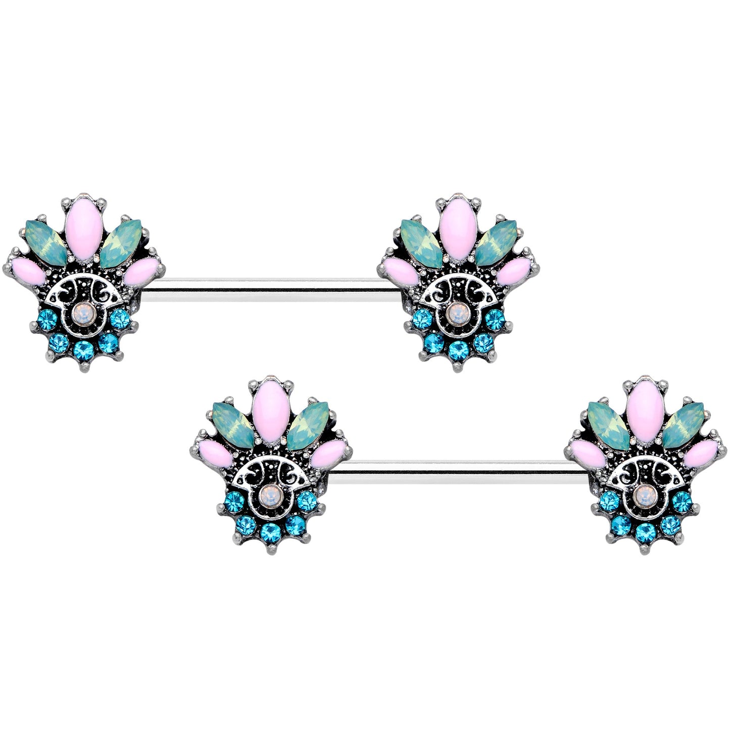 14 Gauge 9/16 Blue Green Pink Gem Fan Barbell Nipple Ring Set