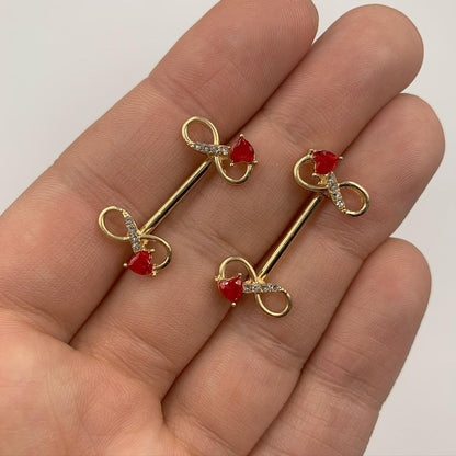 14 Gauge 9/16 Clear Red Gem Gold Tone Treble Clef Barbell Nipple Ring Set