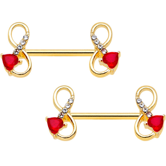 14 Gauge 9/16 Clear Red Gem Gold Tone Treble Clef Barbell Nipple Ring Set