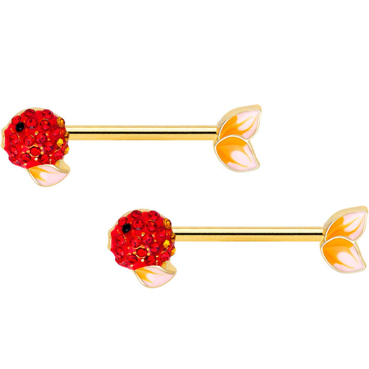 14 Gauge 9/16 Red Gem Gold Tone Blowfish Barbell Nipple Ring Set