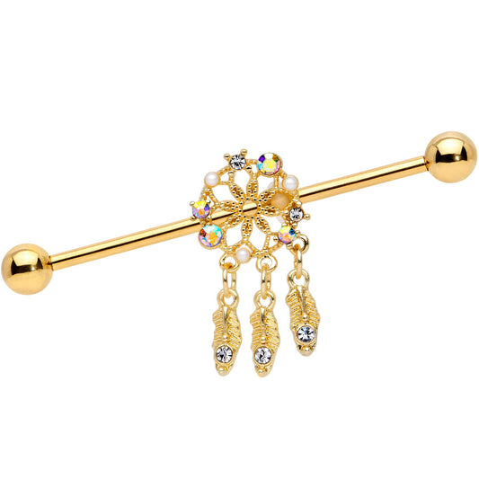 14 Gauge Aurora CZ Gem Gold Tone Dreamcatcher Industrial Barbell 38mm