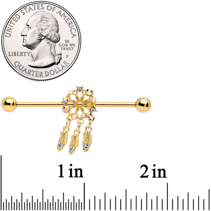 14 Gauge Aurora CZ Gem Gold Tone Dreamcatcher Industrial Barbell 38mm