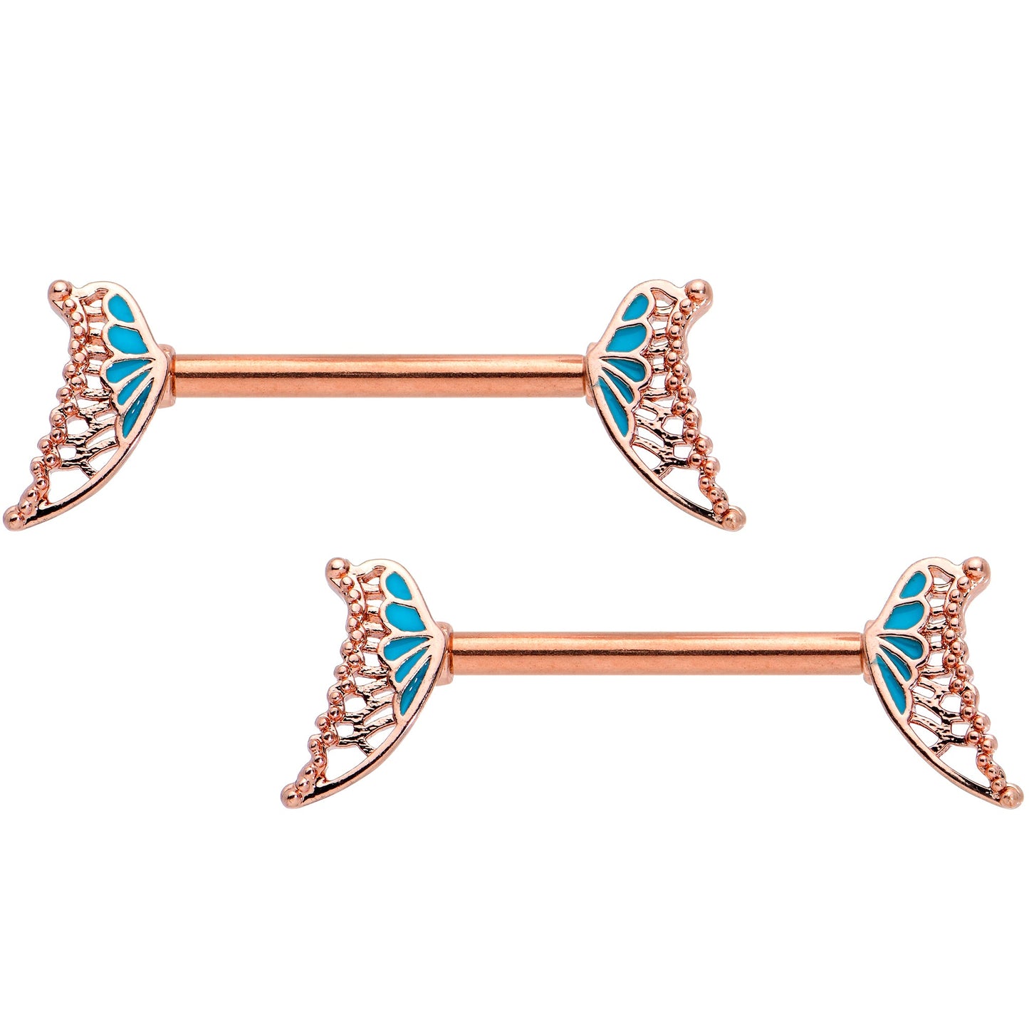 14 Gauge 9/16 Rose Gold Tone Blue Butterfly Wing Nipple Ring Set