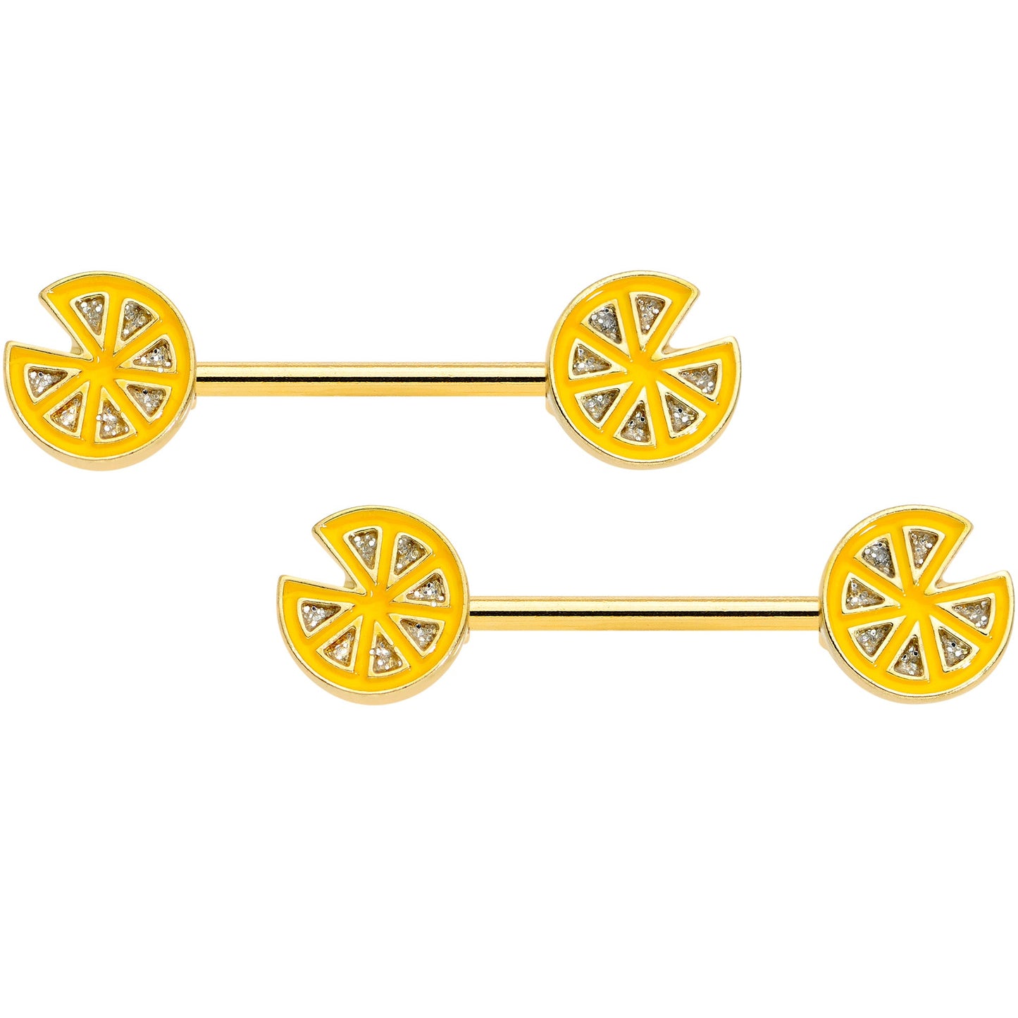 14 Gauge 9/16 Gold Tone Tasty Orange Fruit Barbell Nipple Ring Set