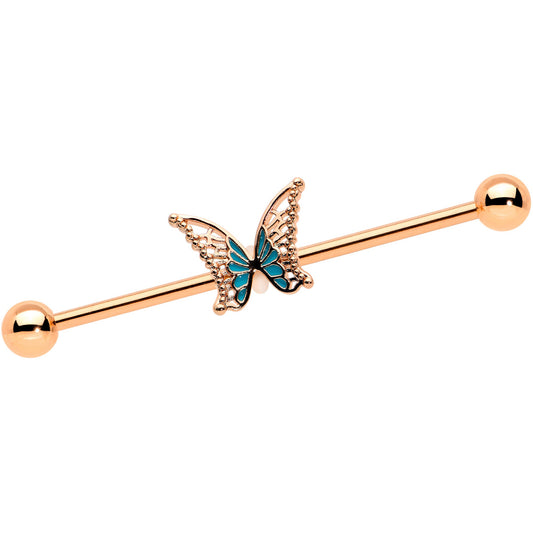 14 Gauge Rose Gold Tone Bit of Blue Butterfly Industrial Barbell 38mm