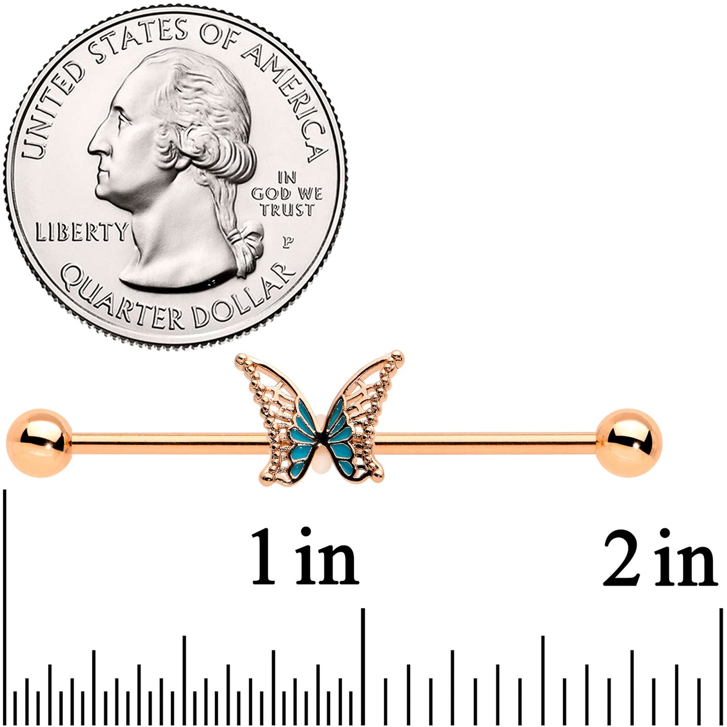 14 Gauge Rose Gold Tone Bit of Blue Butterfly Industrial Barbell 38mm