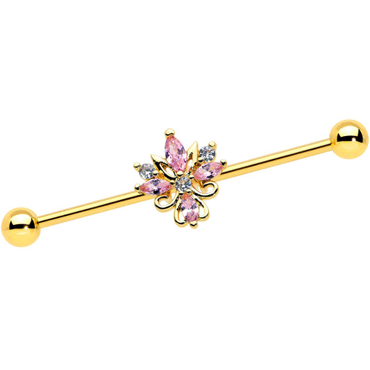 14 Gauge Clear Pink CZ Gem Gold Tone Pretty Industrial Barbell 38mm