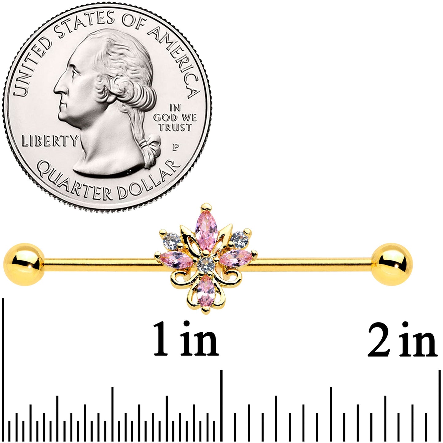 14 Gauge Clear Pink CZ Gem Gold Tone Pretty Industrial Barbell 38mm