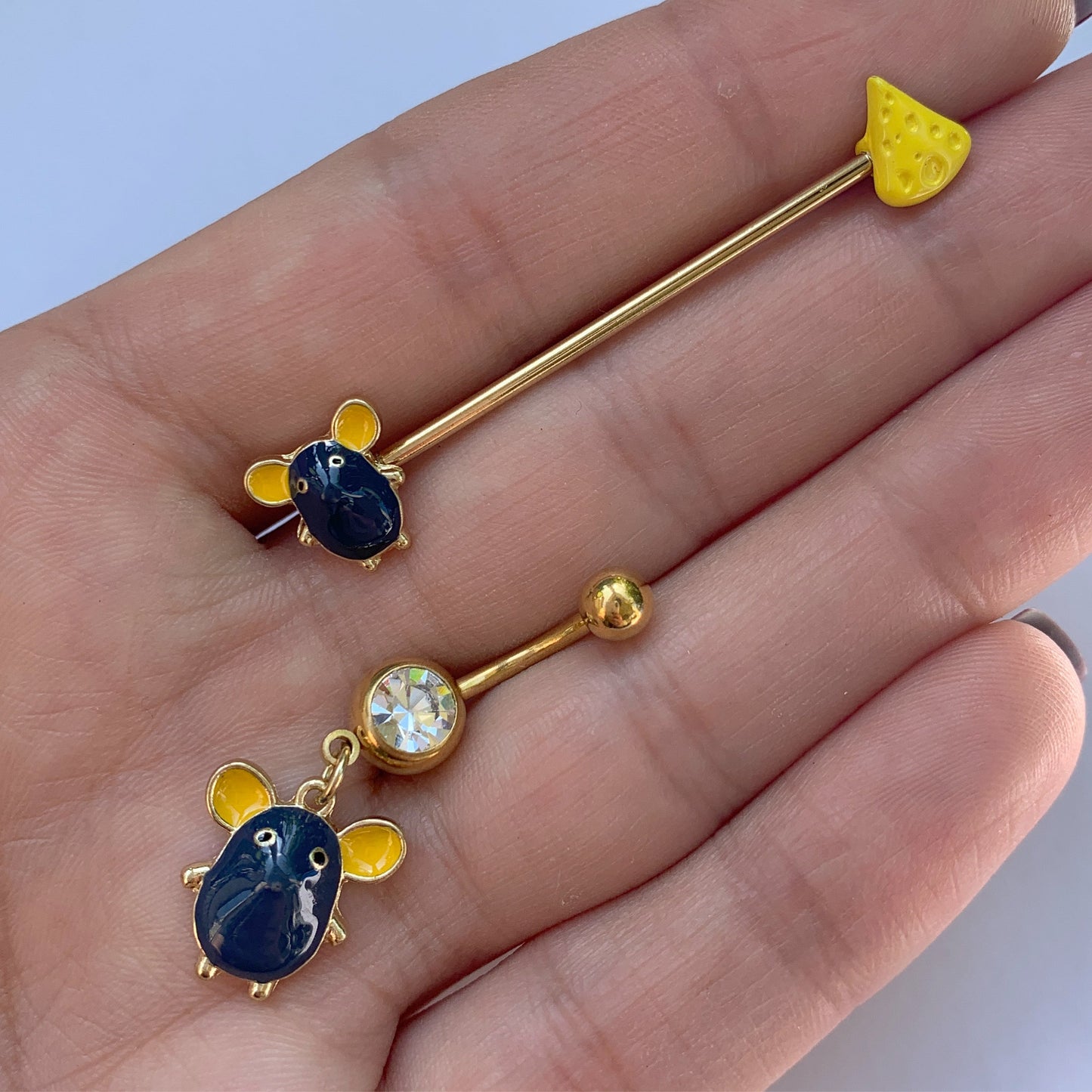 Clear Gem Gold Tone Black Mouse Dangle Belly Ring