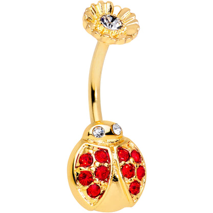 Red Clear Gem Gold Tone Ladybug Flower Belly Ring