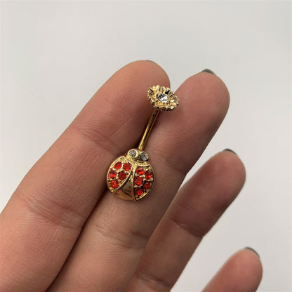 Red Clear Gem Gold Tone Ladybug Flower Belly Ring