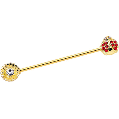 14 Gauge Red Gem Gold Tone Ladybug Flower Industrial Barbell 38mm