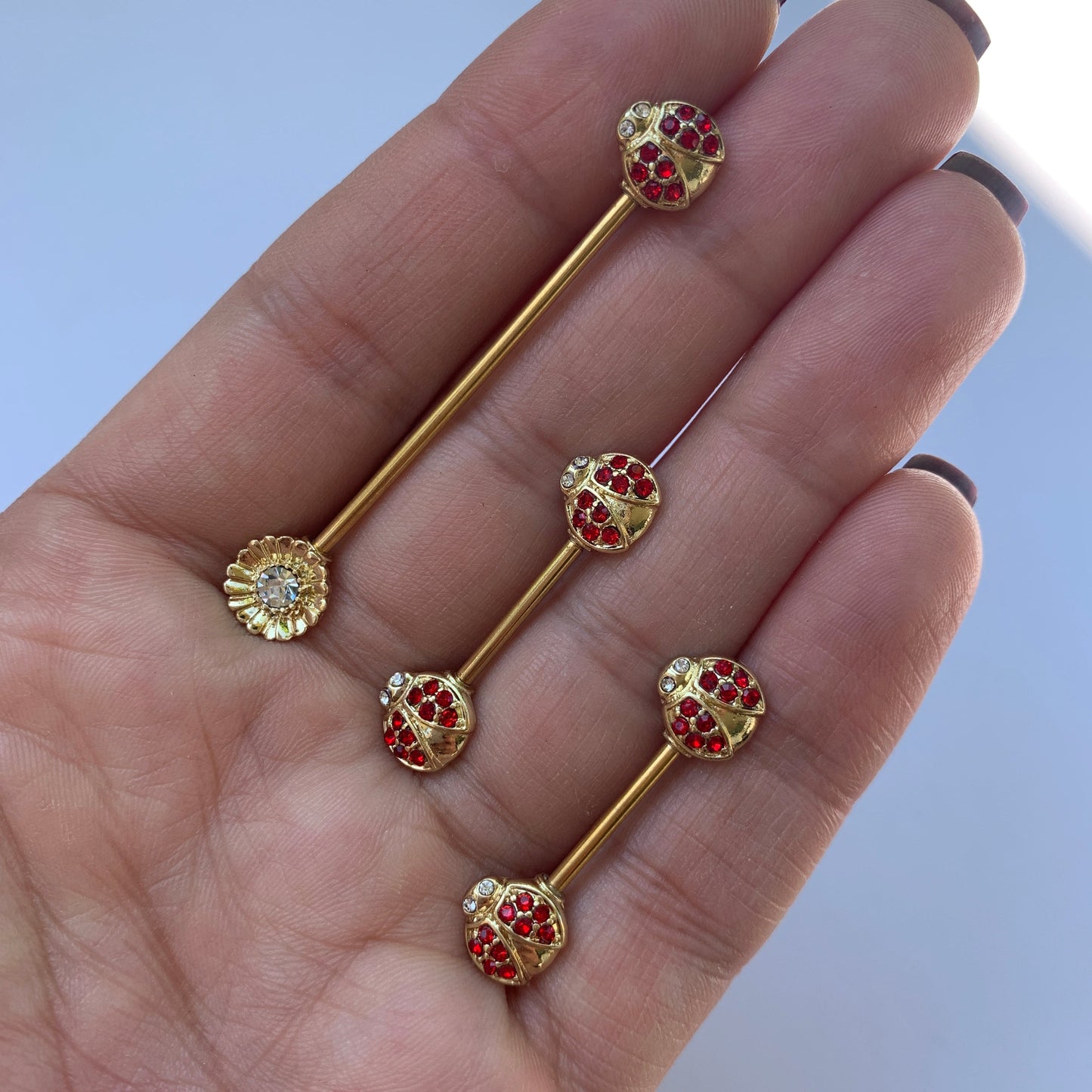 14 Gauge Red Gem Gold Tone Ladybug Flower Industrial Barbell 38mm